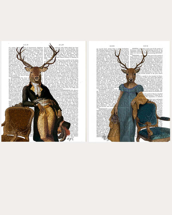 Regency Deer & Chair Couple Collection Gallery Set 2 Book Prints, Art Print, Canvas art