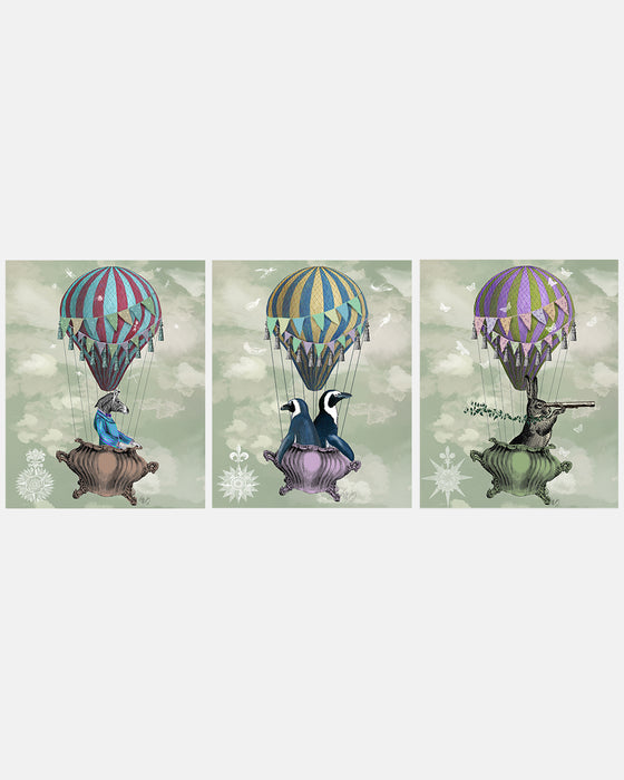 Collection - 3 prints, Whimsical Sky Voyages Animal Art Print, Canvas Wall Art