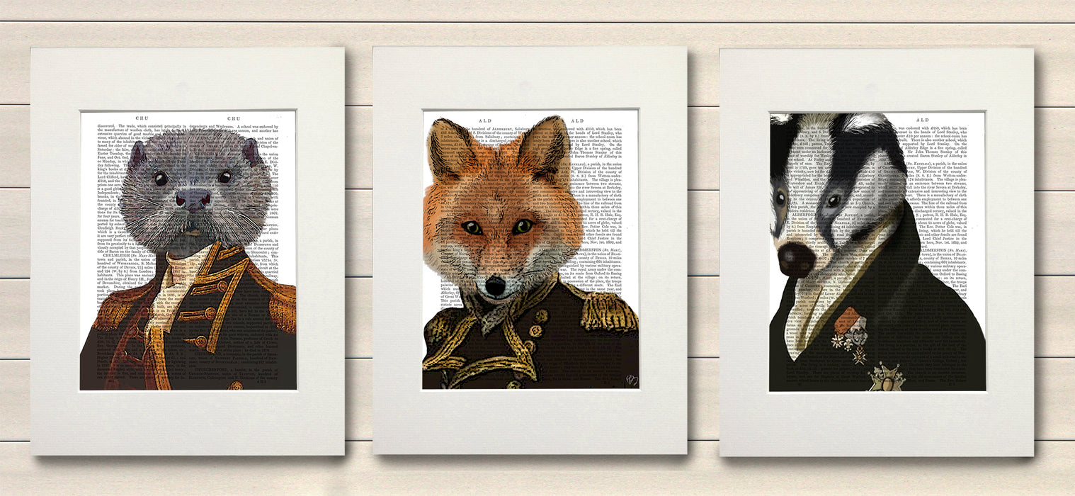 Gallery Set 3 Military Collection, Fox, Badger, Otter Book Art Print, Canvas Art