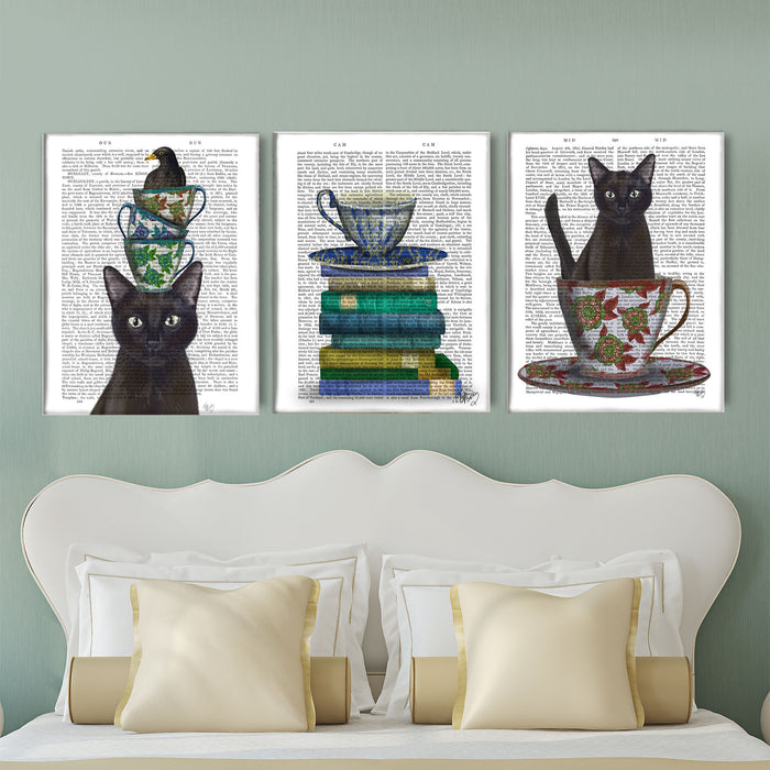 Gallery Set 3 Tea and cat lover Collection, Book Art Print, Canvas Art
