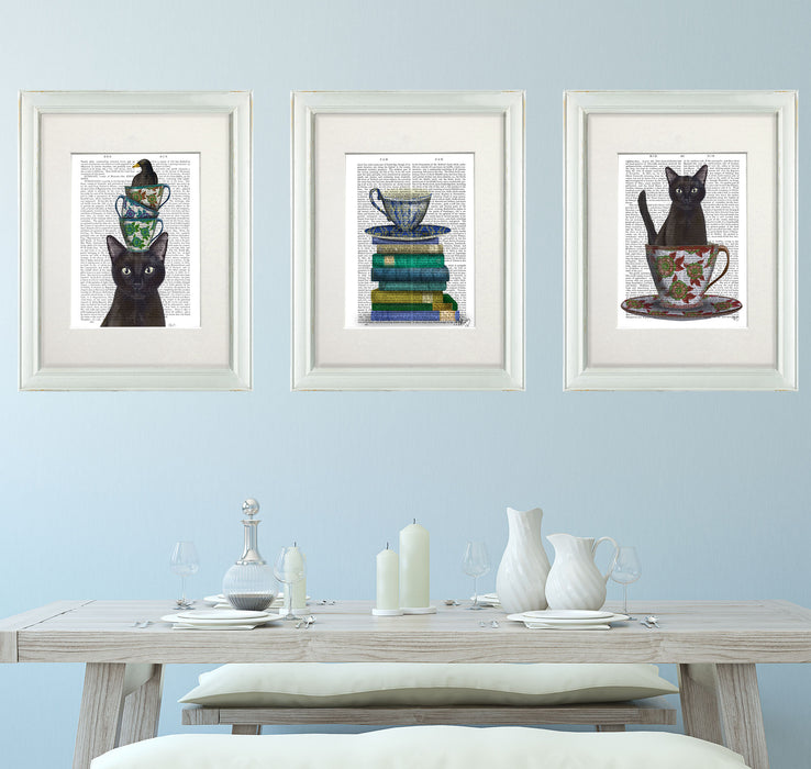Gallery Set 3 Tea and cat lover Collection, Book Art Print, Canvas Art