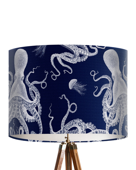 Octopus 3, White on Blue, Nautical, Lamp shade, Drum, Pendant Lighting