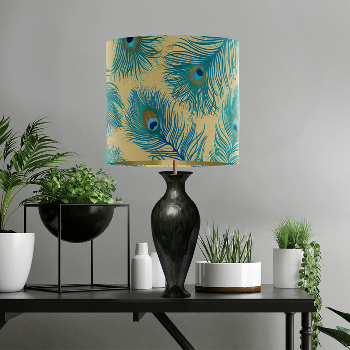 Peacock Feathers, Green & gold, Gold lined Lampshade
