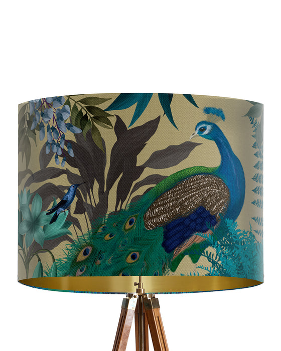 Peacock Garden, Gold, Gold lined lamp shade, Drum, Pendant Lighting
