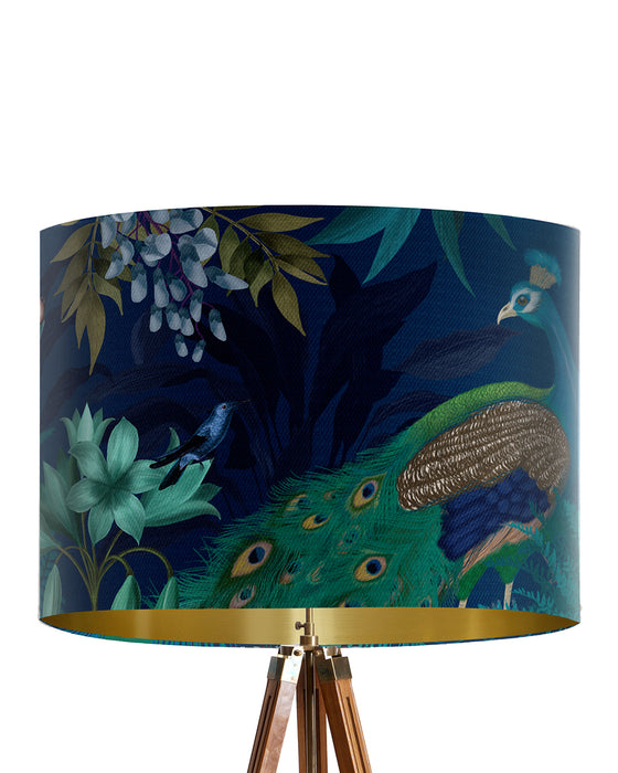 Peacock Garden, Blue, Gold lined lamp shade, Drum, Pendant Lighting
