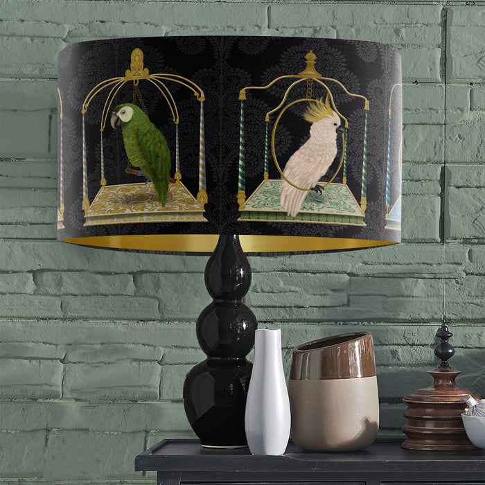 Parrots on swings, Charcoal, Gold lined Lampshade