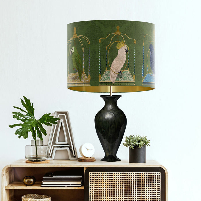 Parrots on swings, Green, Gold lined Lampshade