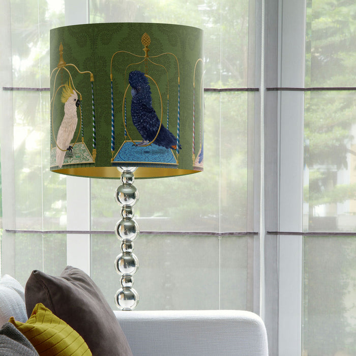 Parrots on swings, Green, Gold lined Lampshade