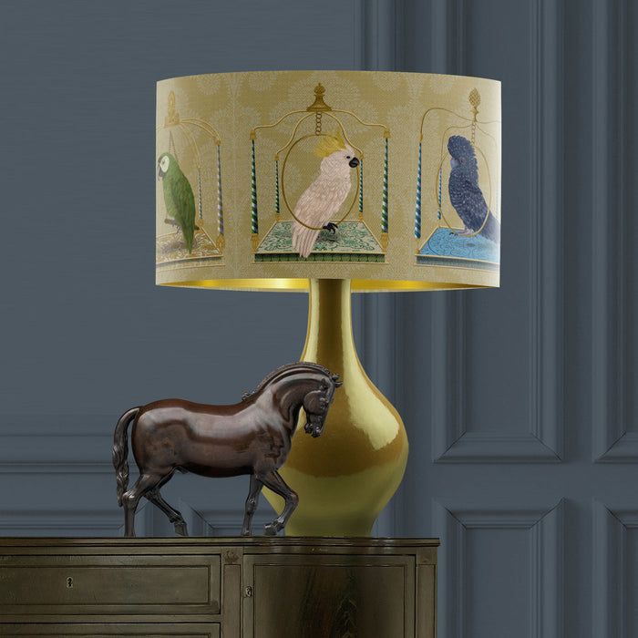 Parrots on swings, Gold, Gold lined Lampshade