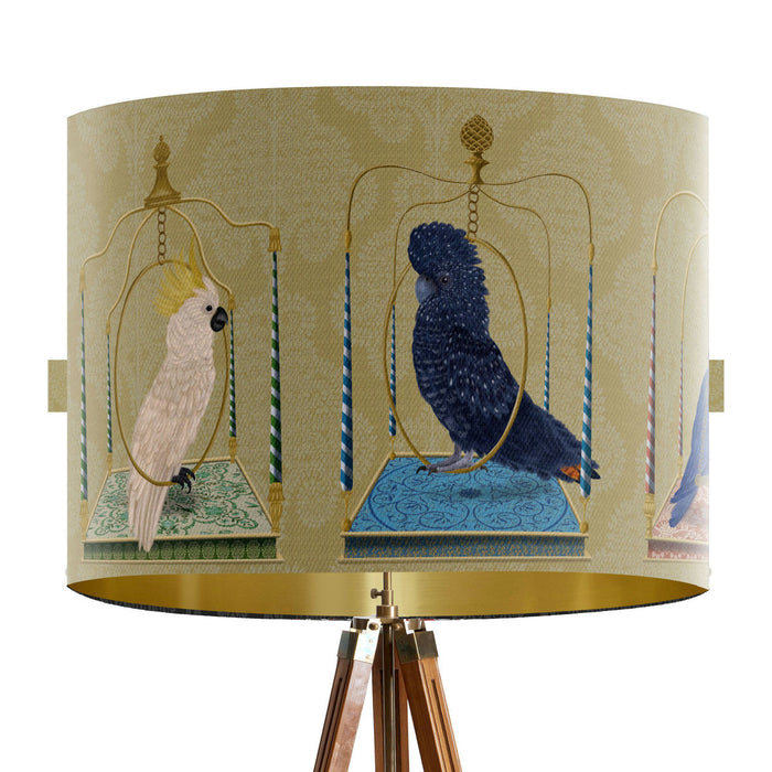 Parrots on swings, Gold, Gold lined Lampshade