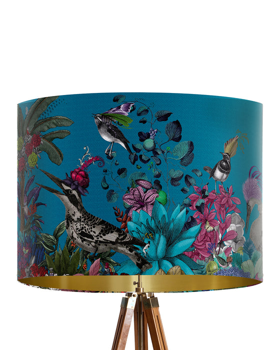 Glorious Plumes, Blue Turquoise, Gold lined lamp shade, Drum, Pendant Lighting
