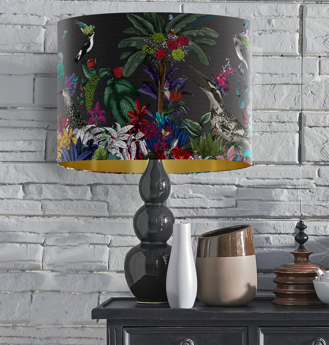 Glorious Plumes, Charcoal, Gold lined Lampshade