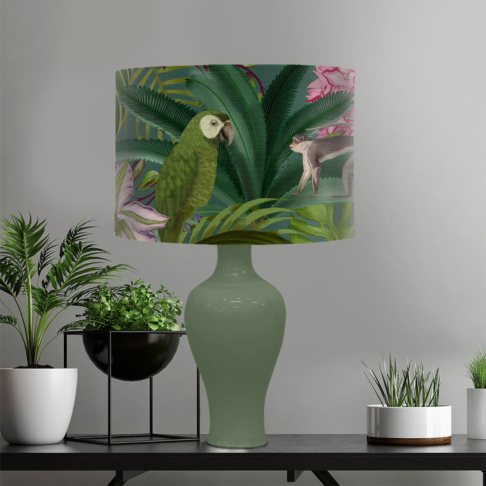 Tropical Lamp shade Rainforest Green Parrots, Drum, Pendant Lighting