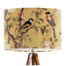 Pink and peach flowers and country garden birds on branches on a soft warm yellow background on a classic sized 30x21cm handcrafted fabric lampshade by artist Kelly Stevens-McLaughlan