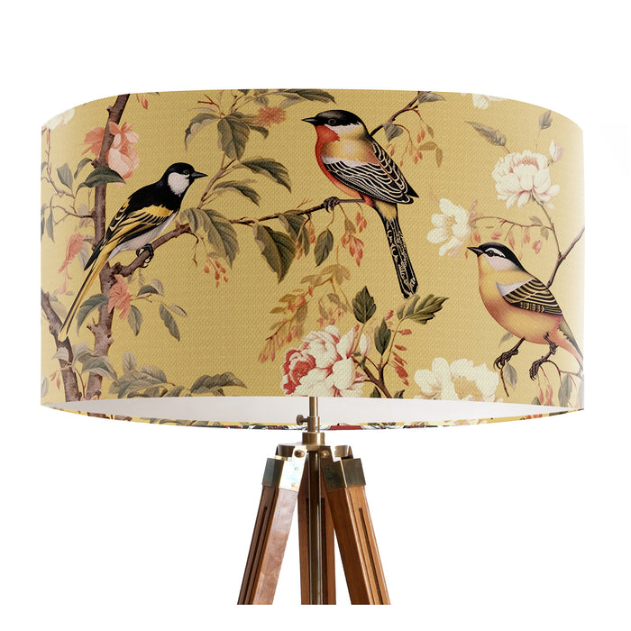 Pink and peach flowers and country garden birds on branches on a soft warm yellow background on a Extra large sized 45x25cm handcrafted fabric lampshade by artist Kelly Stevens-McLaughlan