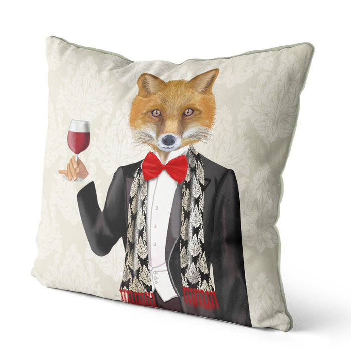 Fox in Black Jacket with Wine, Cushion / Throw Pillow