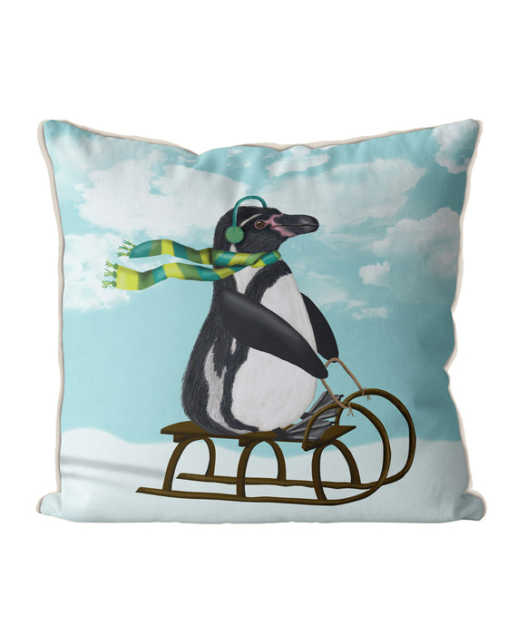 Penguin On Sled, Christmas Cushion / Throw Pillow