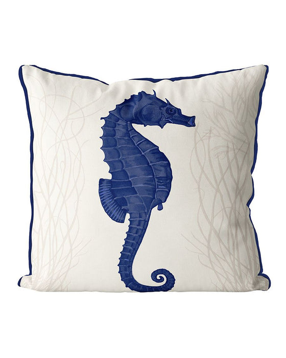 Seahorse and Seaweed, Blue on Cream, Cushion / Throw Pillow