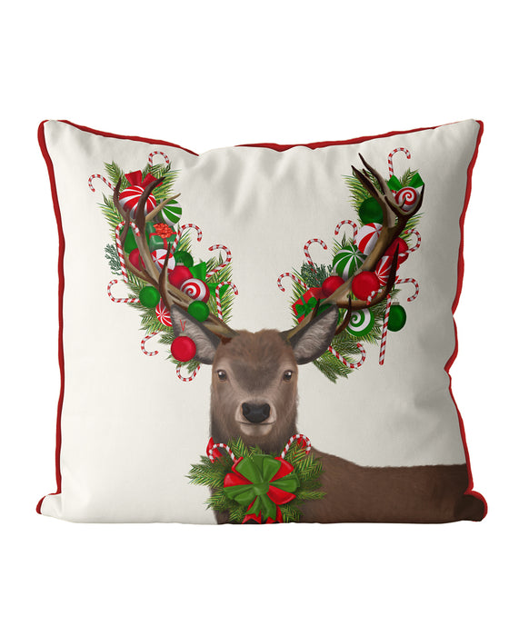 Deer, Candy Cane Wreath, Christmas Cushion / Throw Pillow