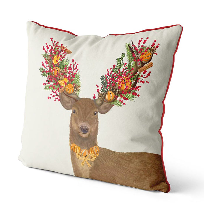 Deer, Cranberry and Orange Wreath, Cushion / Throw Pillow