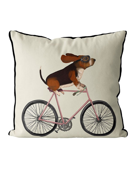 Basset Hound on Bicycle Cushion / Throw Pillow