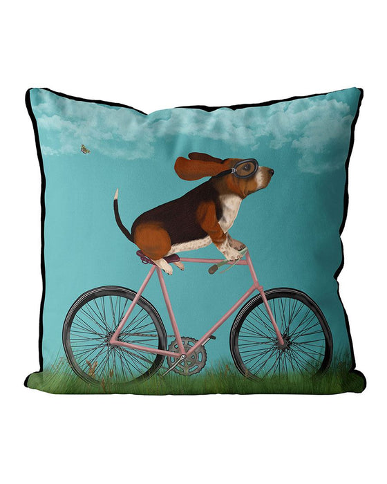 Basset Hound on Bicycle Cushion / Throw Pillow