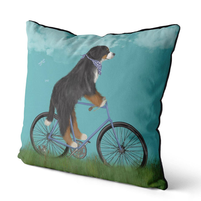 Bernese on Bicycle Cushion Throw Pillow