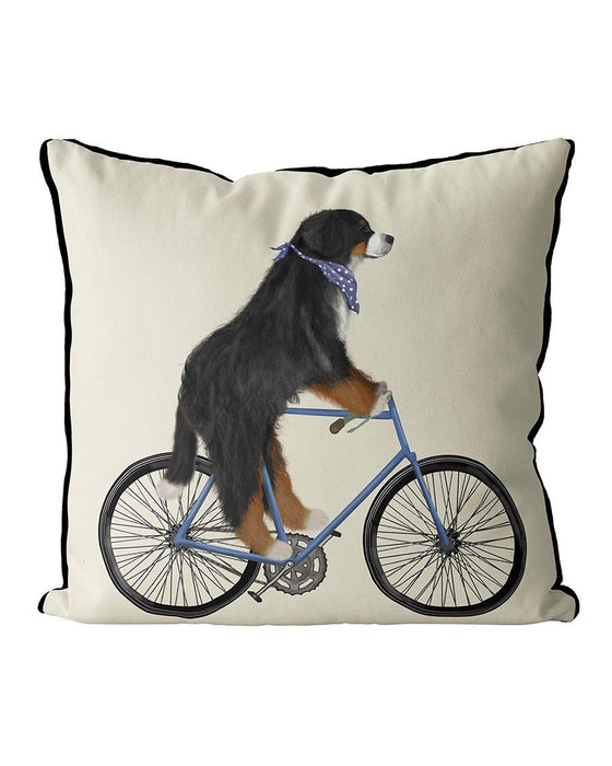 Bernese on Bicycle Cushion Throw Pillow
