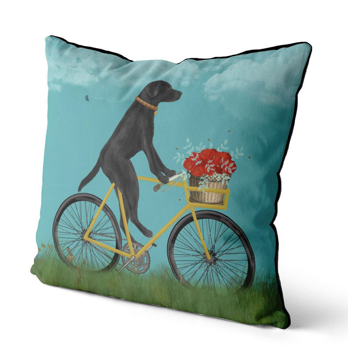Black Labrador on Bicycle Cushion / Throw Pillow