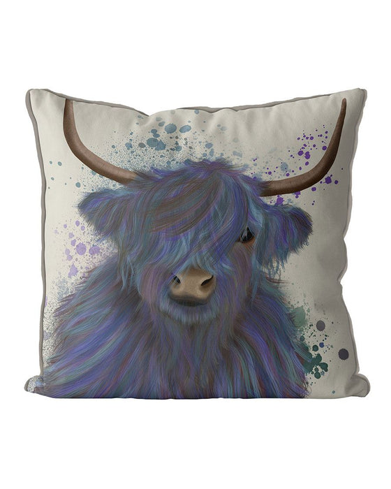 Highland Cow 1, Blue Portrait, Cushion / Throw Pillow