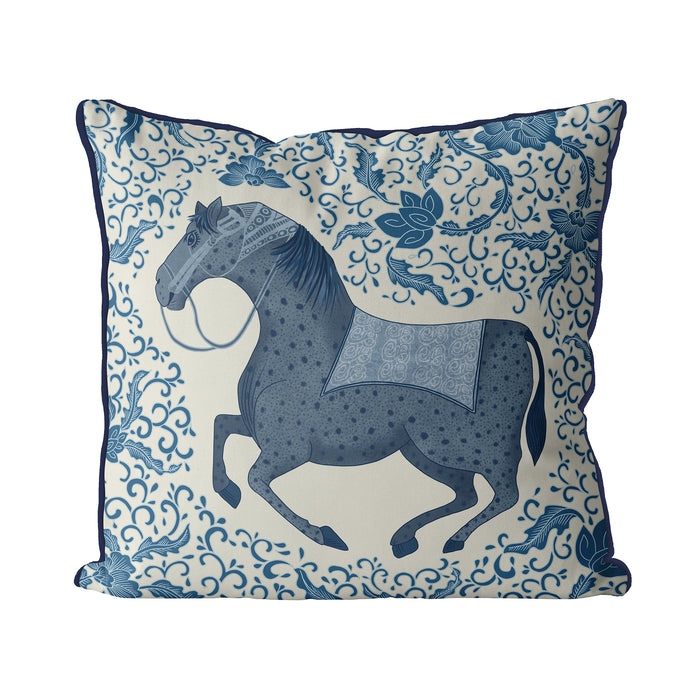 Chinoiserie Horse Cushion – Blue and Cream Oriental Style Design