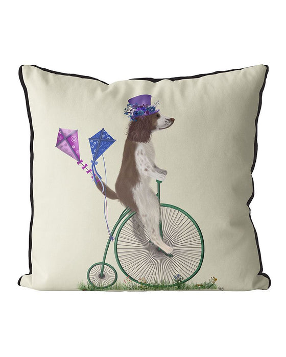 Springer Spaniel Brown and White on Penny Farthing, Cushion / Throw Pillow