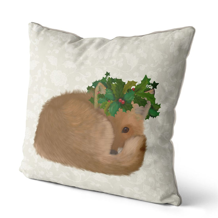 Fox and Holly Crown, Christmas Cushion / Throw Pillow