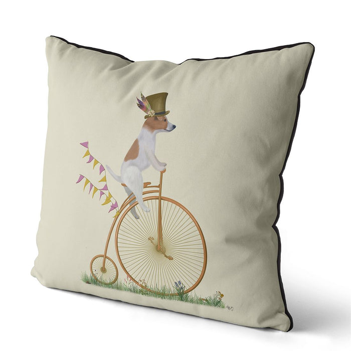 Jack Russell Rough on Penny Farthing, Cushion / Throw Pillow