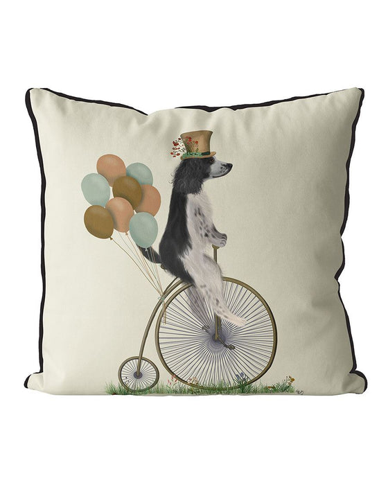 Springer Spaniel Black and White on Penny Farthing, Cushion / Throw Pillow