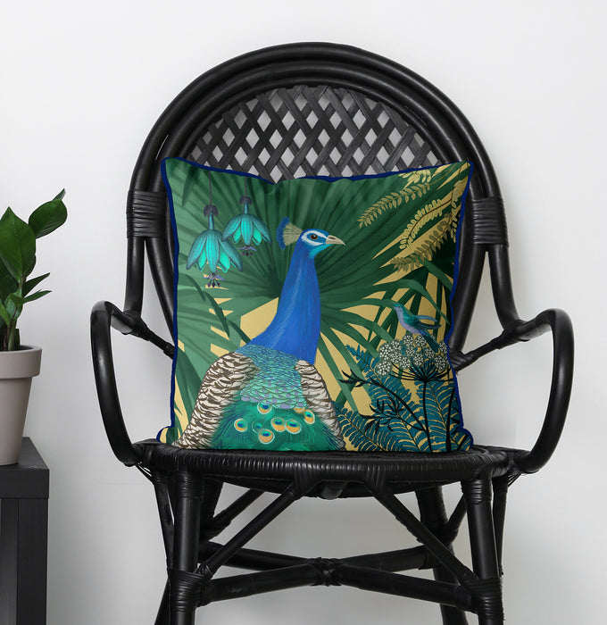 Peacock Garden 2 on Blue or Gold Bird Cushion / Throw Pillow