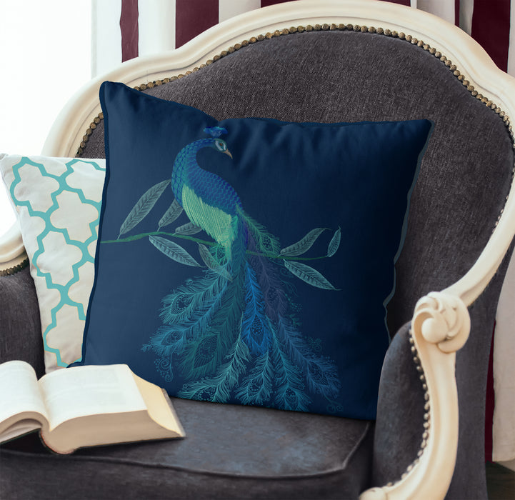 Peacock with Doodle Tail on Blue or Gold Bird Cushion / Throw Pillow