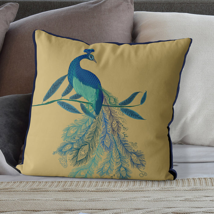 Peacock with Doodle Tail on Blue or Gold Bird Cushion / Throw Pillow