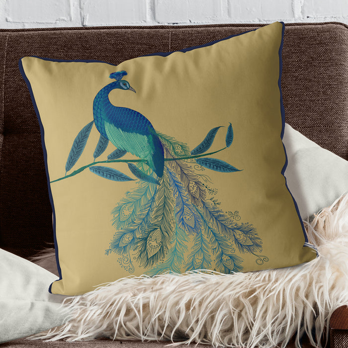 Peacock with Doodle Tail on Blue or Gold Bird Cushion / Throw Pillow