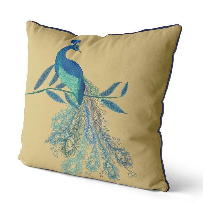 Peacock with Doodle Tail on Blue or Gold Bird Cushion / Throw Pillow