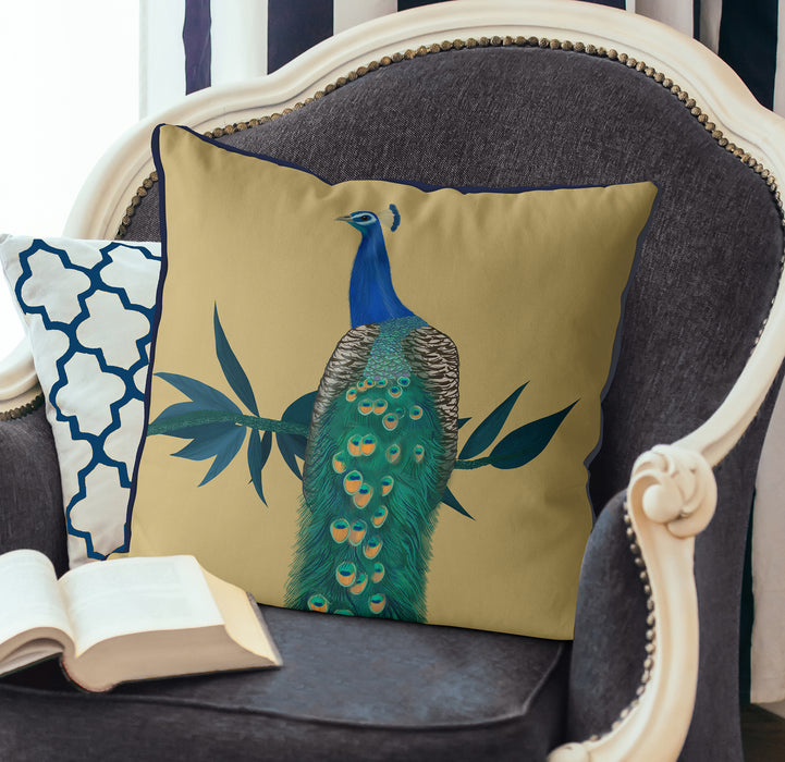 Peacock On Branch 1 on Blue or Gold, Cushion / Throw Pillow