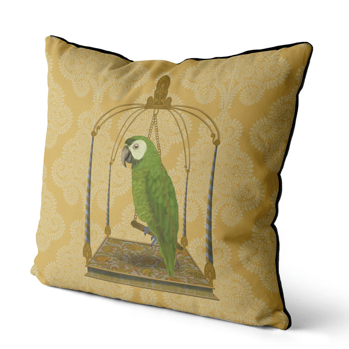 Green Parrot on swing, Bird Cushion / Throw Pillow