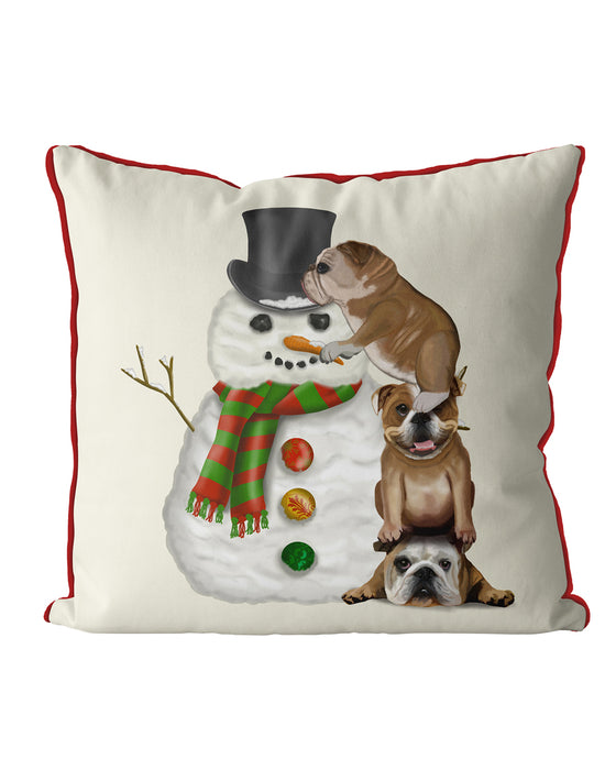 English Bulldogs Building Snowman, Christmas Cushion / Throw Pillow