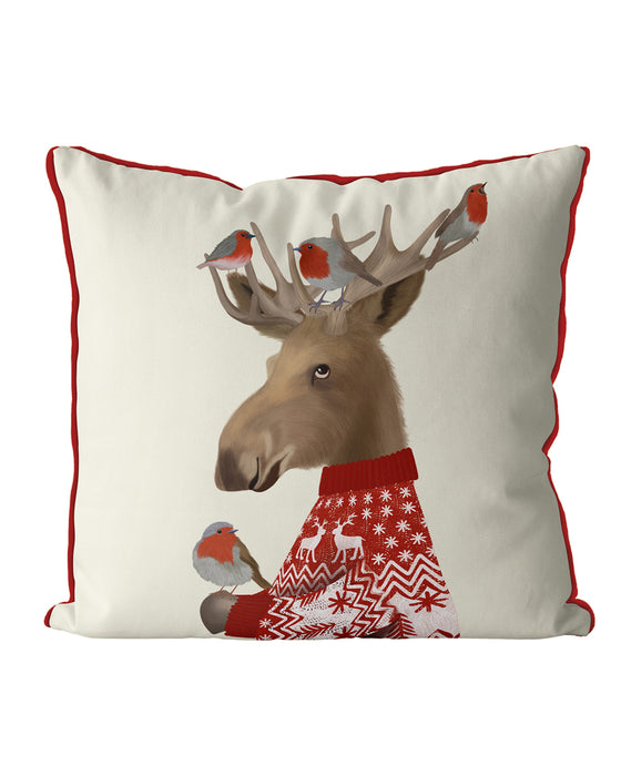 Moose and Robins, Christmas Cushion / Throw Pillow
