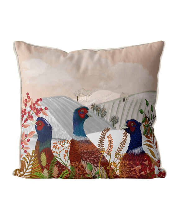 Winter Pheasants In Field, Cushion / Throw Pillow