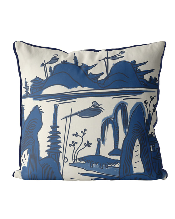 Mountains and Temples, Chinoiserie Cushion / Throw Pillow