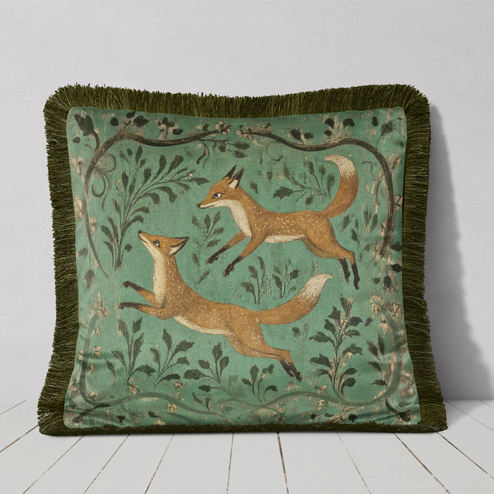 Medieval Foxes 1 Luxury Fringed Velvet Cushion Throw Pillow Cover