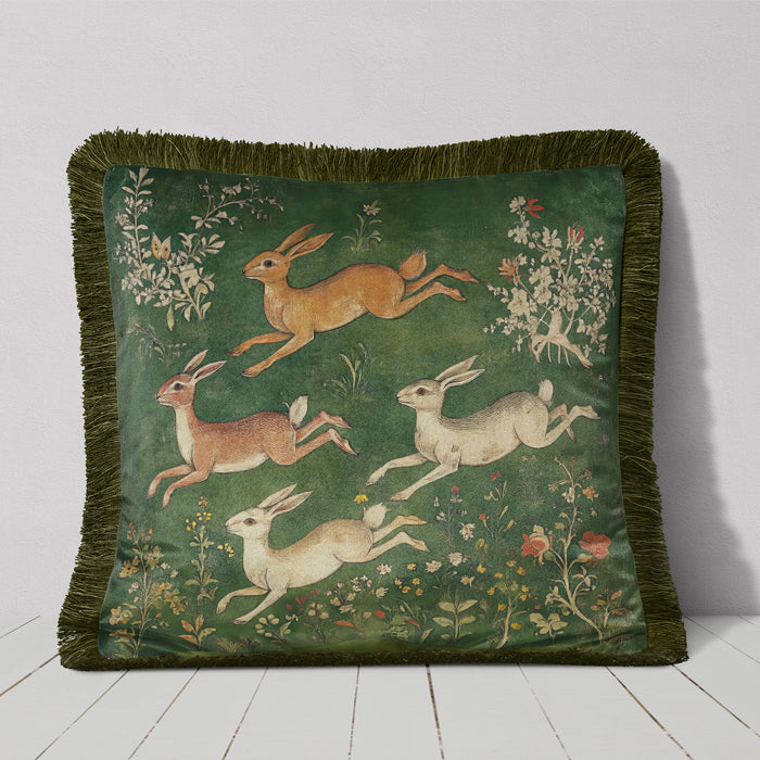 Medieval Hares 3 Luxury Fringed Velvet Cushion Throw Pillow Cover