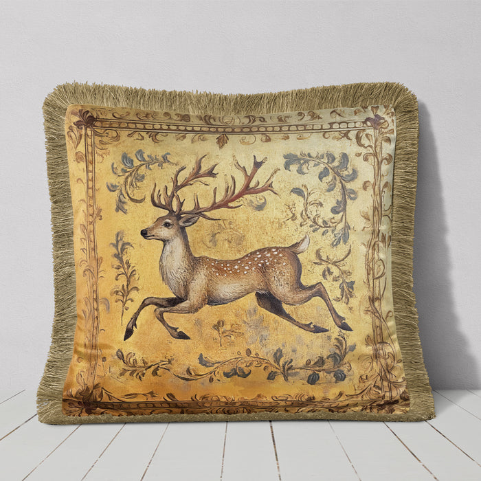 Medieval Stag 1 Luxury Fringed Velvet Cushion Throw Pillow Cover