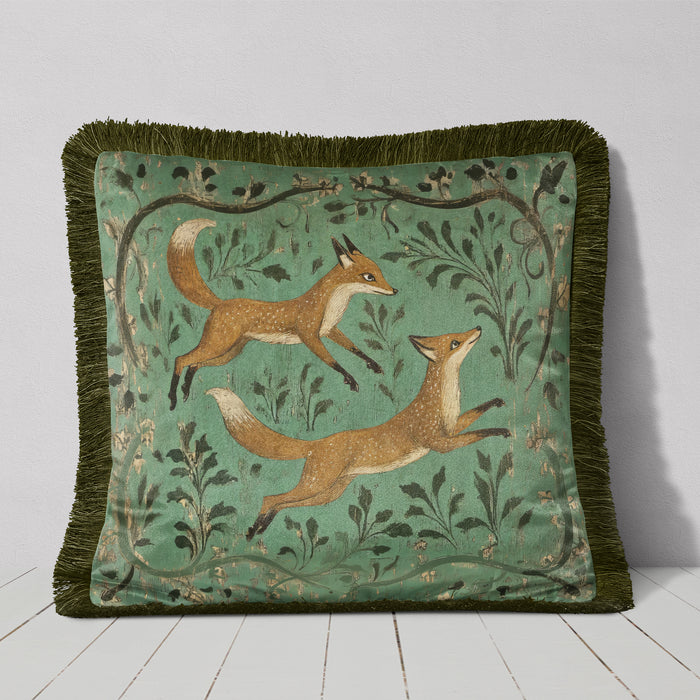 Medieval Foxes 1 Luxury Fringed Velvet Cushion Throw Pillow Cover